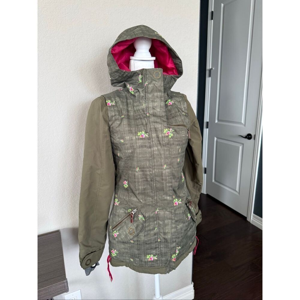 Roxy Green Rose Ski Snowboard Jacket XS Long Slim Coat - Picture 4 of 8
